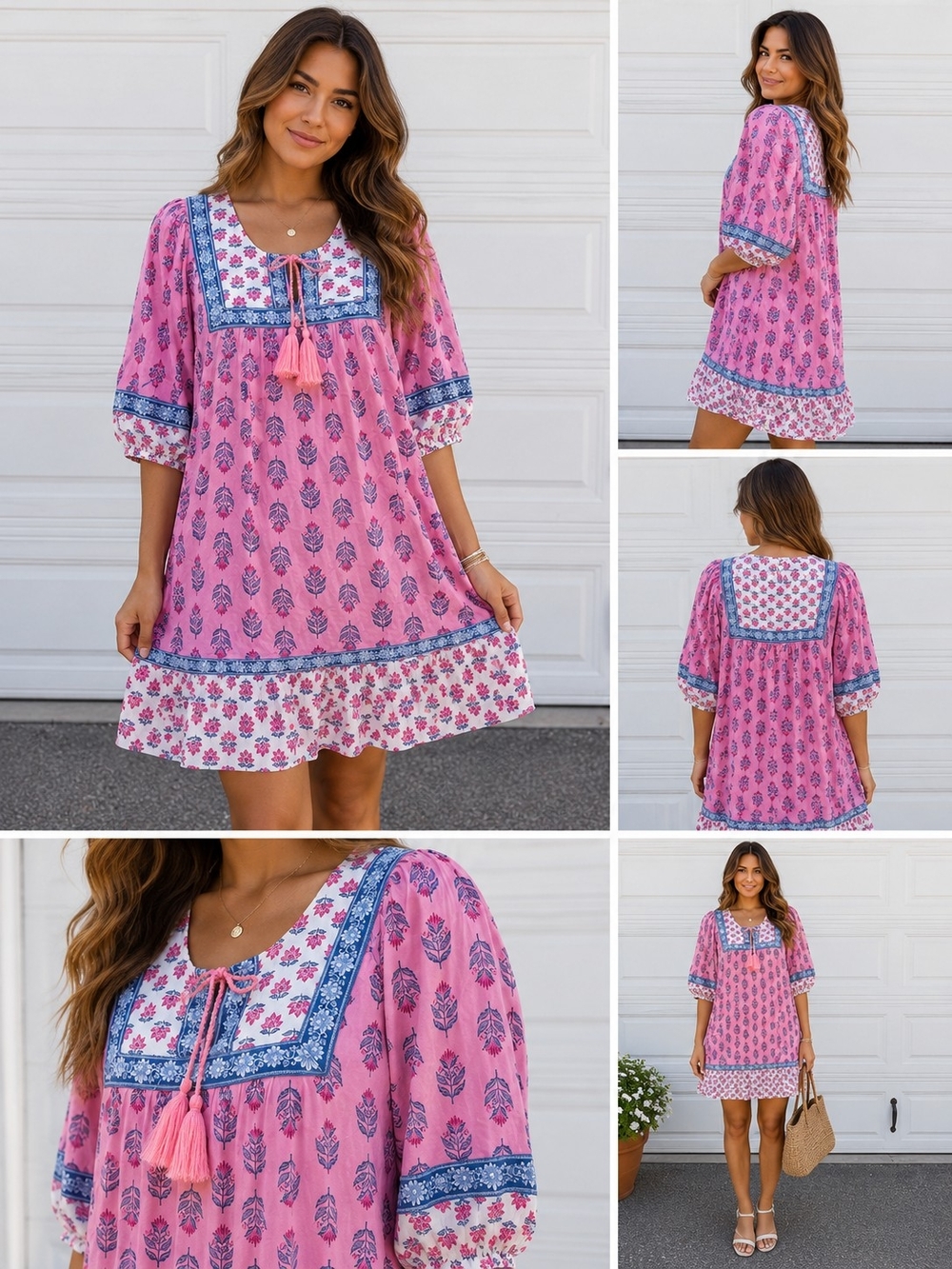 Old Navy Pink Floral Boho Peasant Mini Dress Tassel Tie Puff Sleeve M